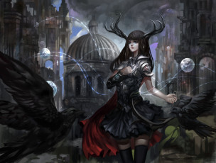 Картинка аниме ангелы +демоны город вороны арт птицы рога девушка baka