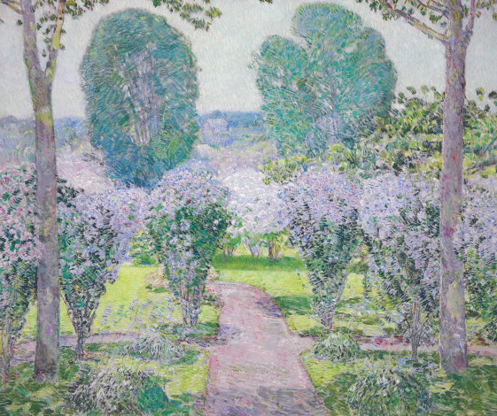 Обои картинки фото altheas, рисованное, frederick childe hassam, сад, парк, деревья, кусты, дорожка