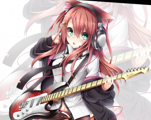 Обои картинки фото аниме, музыка, гитара, девочка, арт, tyaba, neko