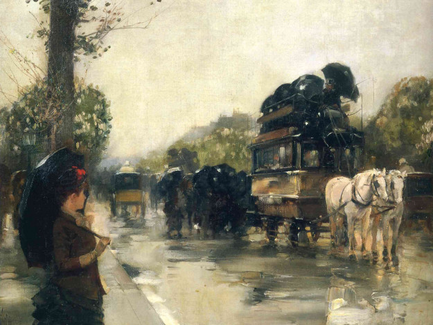 Обои картинки фото рисованное, frederick childe hassam, женщина, зонт, дорога, деревья, вещи, лошади, экипаж