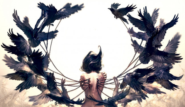 Обои картинки фото аниме, ангелы,  демоны, ворон, спина, кровь, wenqing, yan, арт, цепи, птицы, крылья, девушка