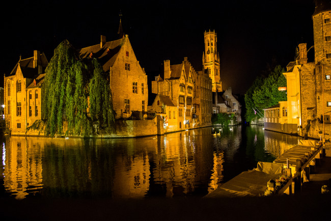 Обои картинки фото brugge, города, брюгге , бельгия, канал, ночь, здания, огни