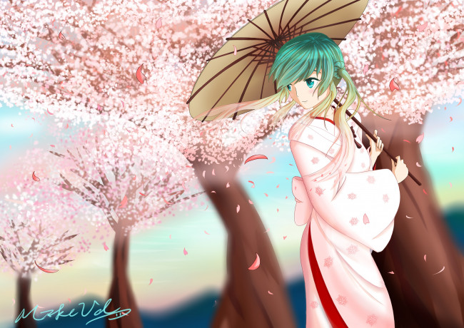 Обои картинки фото разное, арты, кимоно, деревья, лепестки, вокалоид, сакура, зонт, hatsune, miku, девушка, vocaloid, арт, mikevd
