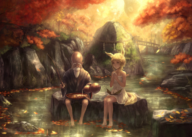 Обои картинки фото аниме, животные,  существа, озеро, ёкай, yazuwo, арт, дедушка, девочка