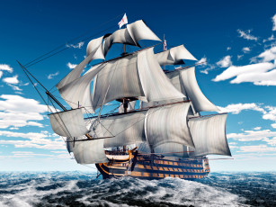 Картинка 3д+графика море+ sea корабль паруса волны море парусник 3d графика небо облака мачты
