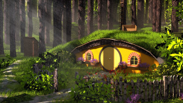 обоя 3д графика, реализм , realism, forest, hobbit, house, средиземье, домик