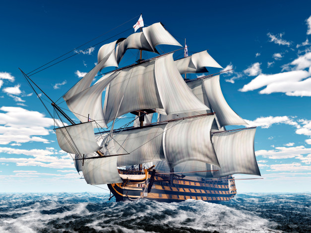 Обои картинки фото 3д графика, море , sea, корабль, паруса, волны, море, парусник, 3d, графика, небо, облака, мачты