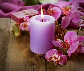 обоя разное, свечи, орхидеи, свеча, лиловая, огонек