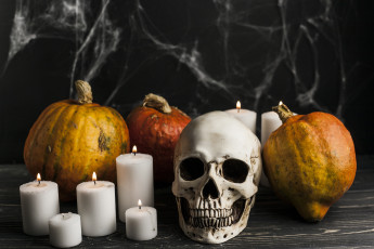 обоя праздничные, хэллоуин, тыквы, свечи, череп