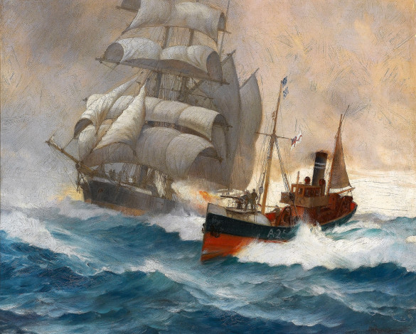Обои картинки фото корабли, рисованные, парусник, катер, море