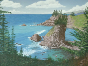 Картинка рисованные природа облака деревья море
