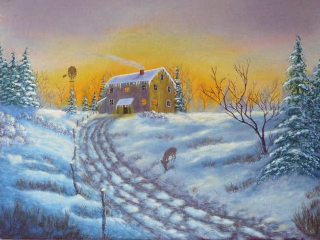 Обои картинки фото рисованные, природа, олень, дом, снег