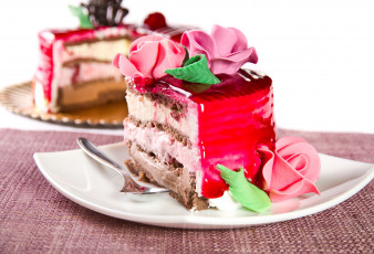 обоя еда, торт, только, крем, розовый, кусочек, желе, розы, десерт, шоколад