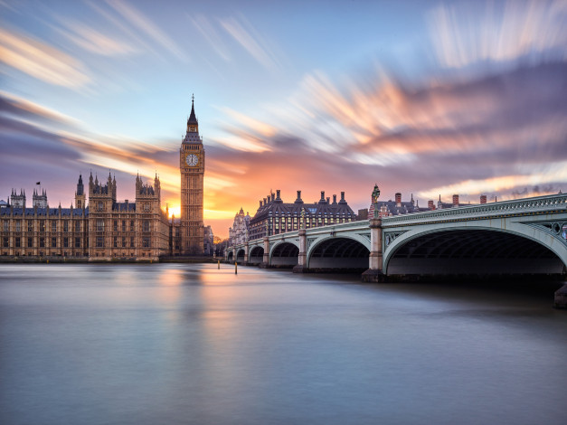 Обои картинки фото города, лондон , великобритания, облака, лондон, вестминстер, небо, биг, бен, река, мост, город, англия