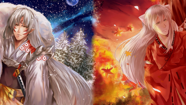 Обои картинки фото аниме, inuyasha, полу-демон, осень, сешимару, инуяша, демон-пёс, арт, зима, братья