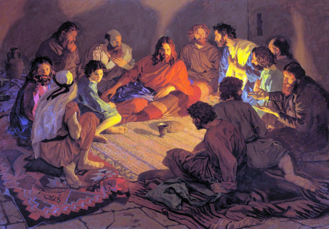 Обои картинки фото тайная вечеря, рисованное, павел попов, ковры, чаша, хлеб, ученики, разговор, иисус, христос