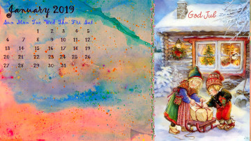 Картинка календари праздники +салюты коробка сани снег мальчик девочка ребенок дом