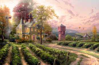 Картинка рисованное thomas+kinkade дом постройки огород горы
