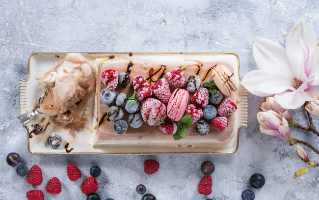 Обои картинки фото еда, мороженое,  десерты, макаруны, ягоды, малина, черника, магнолия