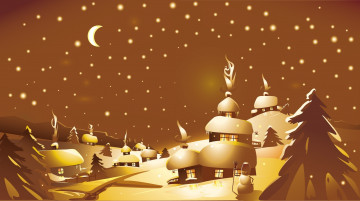 Картинка праздничные векторная графика новый год домики дымок окна ночь звёзды месяц ёлки снеговик зима снег холмы