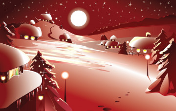 Картинка праздничные векторная графика новый год новогодняя ночь луна звёзды домики окна снег зима ёлки украшения