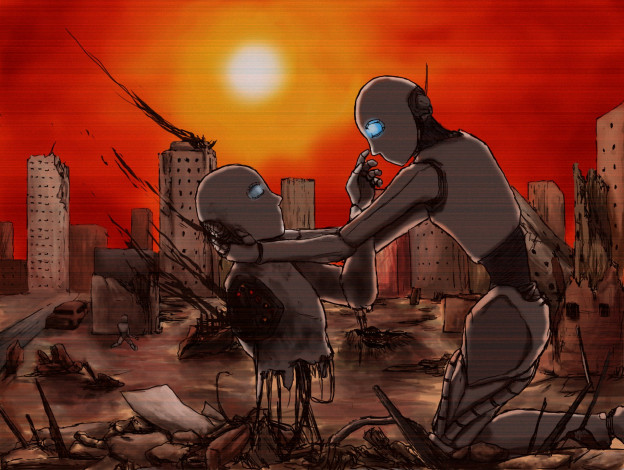 Обои картинки фото фэнтези, роботы, киборги, механизмы, город, солнце, разруха