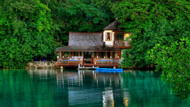 Обои картинки фото природа, пейзажи, отражение, Ямайка, остров, зелень, деревья, дом, вода, jamaica