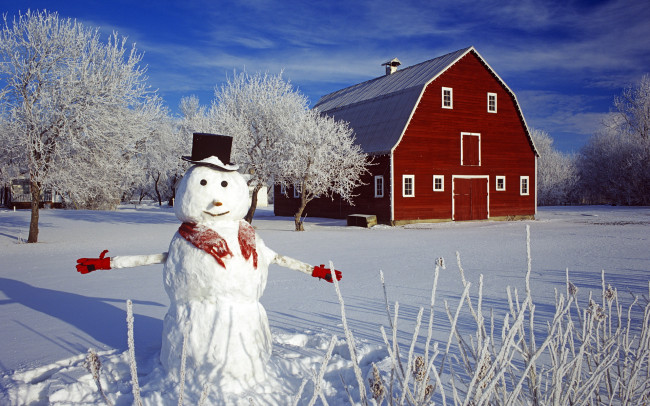 Обои картинки фото праздничные, снеговики, деревья, дом, снеговик