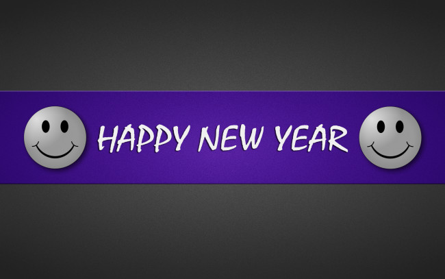 Обои картинки фото happy, new, year, праздничные, разное, новый, год, белый, смайлик, надпись, фиолетовый, полоса