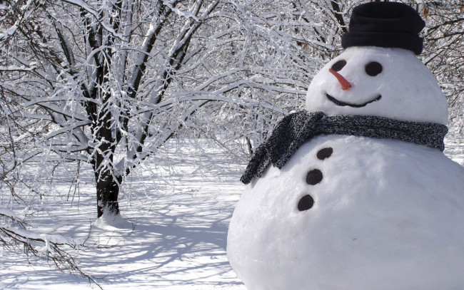 Обои картинки фото праздничные, снеговики, деревья, снеговик, шапка, шарф, снег