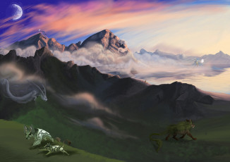 Картинка рисованное животные +сказочные +мифические волк луна горы дракон собаки