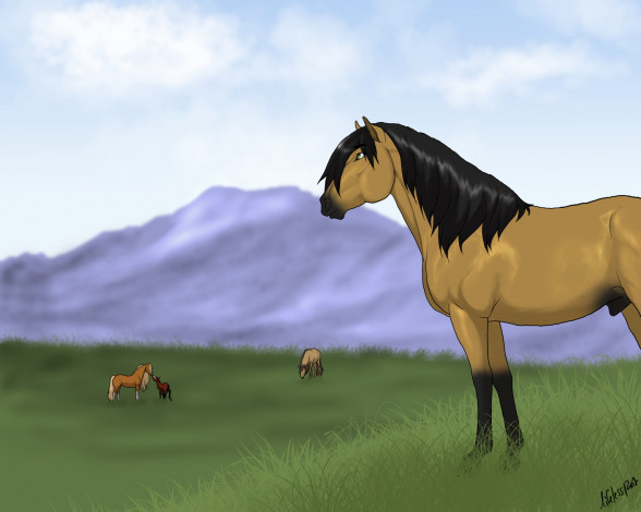 Обои картинки фото рисованное, животные,  лошади, небо, горы, луг, трава, лошади