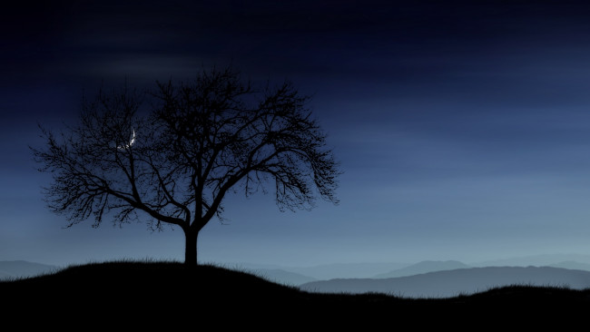 Обои картинки фото рисованное, природа, луна, небо, дерево, трава, холмы