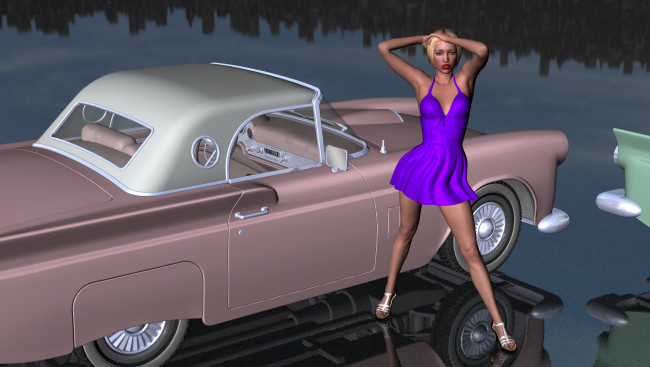 Обои картинки фото автомобили, 3d car&girl, взгляд, девушка, платье, автомобиль, фон