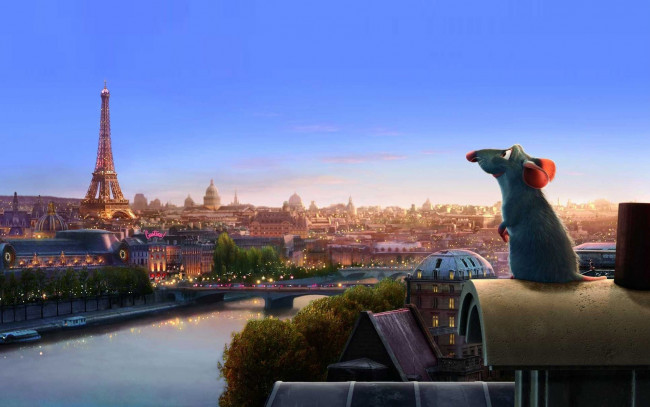 Обои картинки фото мультфильмы, ratatouille, панорама, здания, дома, река, башня, крыши, город, париж, крыса, рататуй, мост