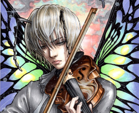 обоя аниме, hunter x hunter, скрипка, музыка, бабочка, парень, арт