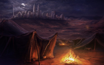 Картинка фэнтези иные+миры +иные+времена заброшенный ночь очаг мир иной шатер поле город