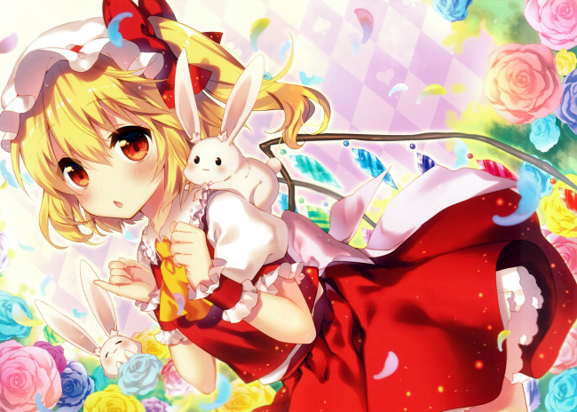 Обои картинки фото аниме, touhou, riichu, flandre, scarlet, кролик, девочка, арт