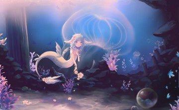 Картинка аниме животные +существа цветы подводный мир ушки медуза пузыри русалка