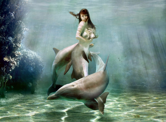 Обои картинки фото фэнтези, фотоарт, фон, девушка, дельфин, взгляд