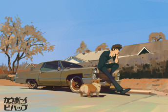 Картинка аниме cowboy+bebop дом ein spiegel мужчина дорога spike машина