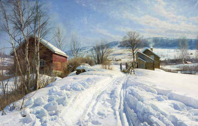 Обои картинки фото рисованное, живопись, снег, зима, дома, лошадь