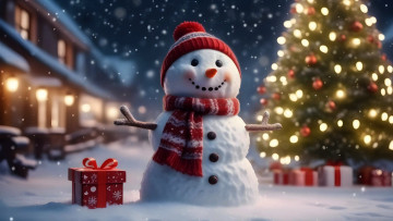 обоя праздничные, снеговики, елка, снеговик, подарок