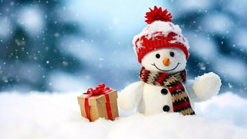 обоя праздничные, снеговики, снег, снеговик, подарок