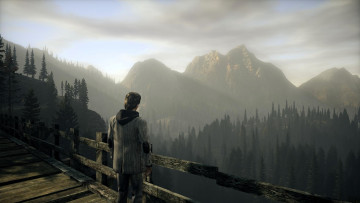 обоя видео игры, alan wake, мужчина, мост, горы, лес, панорама