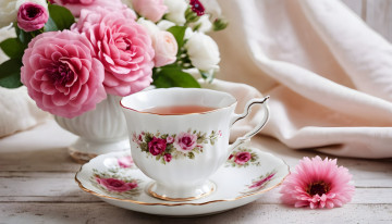 обоя еда, напитки,  чай, цветы, чай, чашка, блюдце