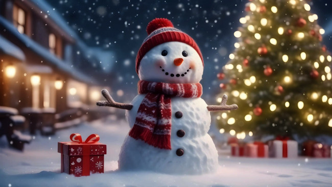 Обои картинки фото праздничные, снеговики, елка, снеговик, подарок