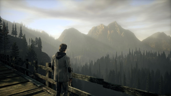 Обои картинки фото видео игры, alan wake, мужчина, мост, горы, лес, панорама