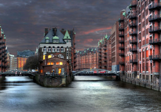 Картинка города -+улицы +площади +набережные гамбург мосты река дома ночь германия