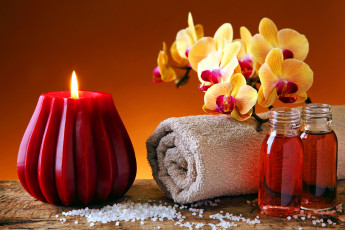 Картинка разное свечи полотенце свеча соль орхидеи бутылочки